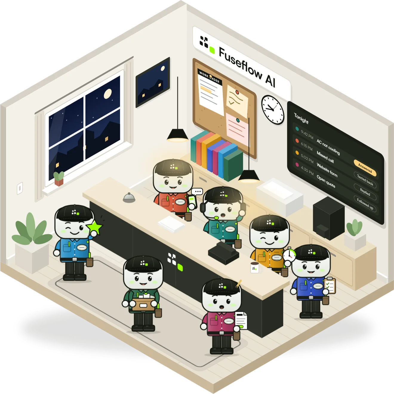 Example: a cut-away of an HVAC shop's front office at night. Seven Fuseflow AI agents in uniform work the front desk, and the call board shows a 9:42 PM call for an AC that isn't cooling, marked answered.